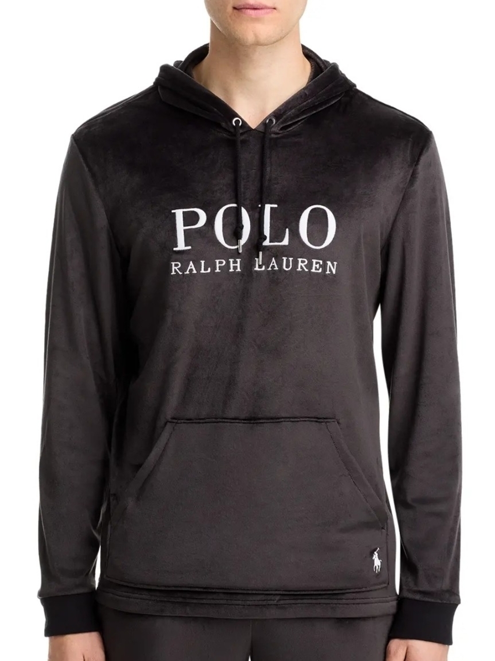 Polo Ralph Lauren Black Velour Pullover Sleep Hoodie with Script Logo Size M